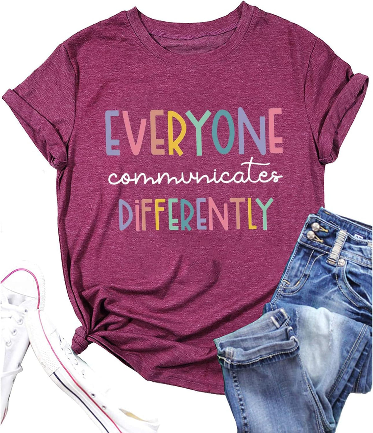 Everyone Communicates Differently T-Shirt Women Autism Awareness Shirt Autistic Support Shirt Funny Letter Print Tees